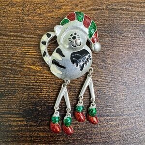 Christmas Cat Pin Santa Paws Silver Brooch Articulated Legs Festive Fun Cute 3”